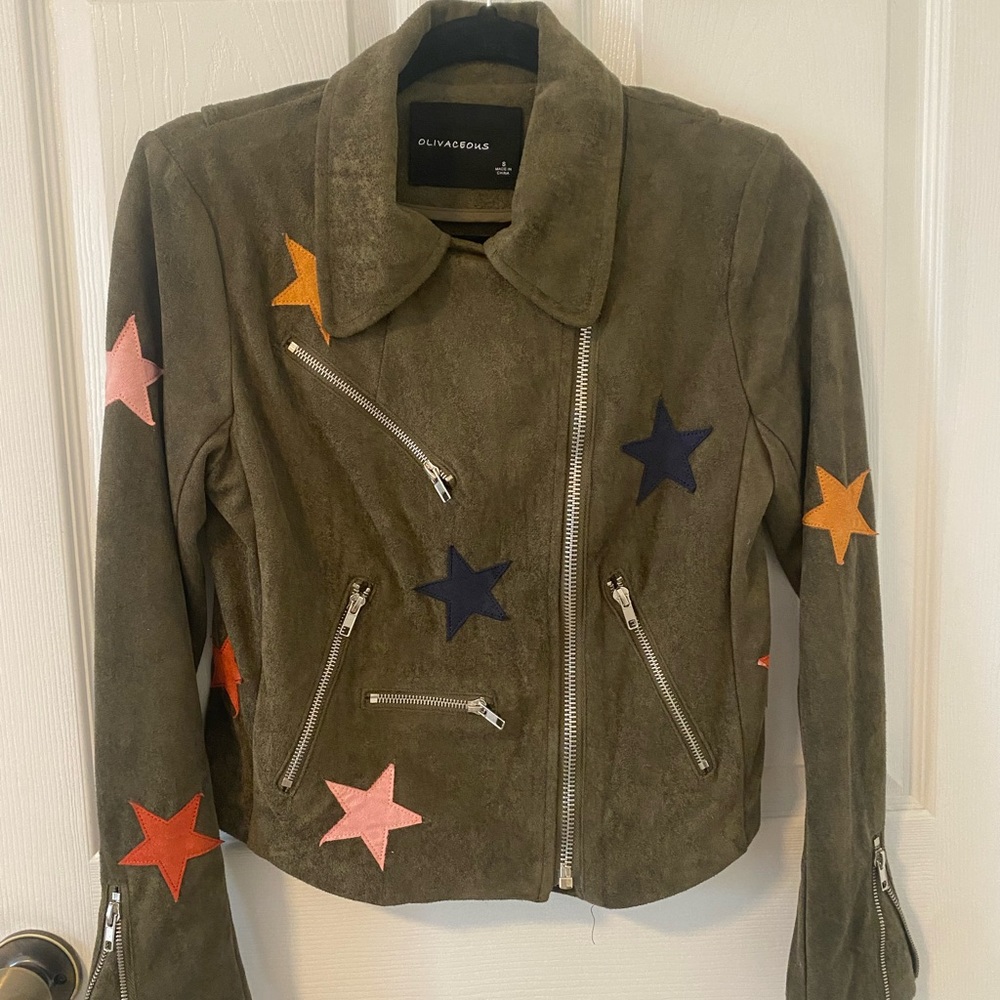 OLIVACEOUS Small Moto Fuax Suede Star Zipper Pockets Detail Jacket
